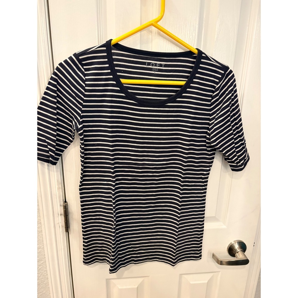 LOFT T-Shirt Navy Blue White Striped Scoop Neck Elbow Sleeve Casual Basic Tee